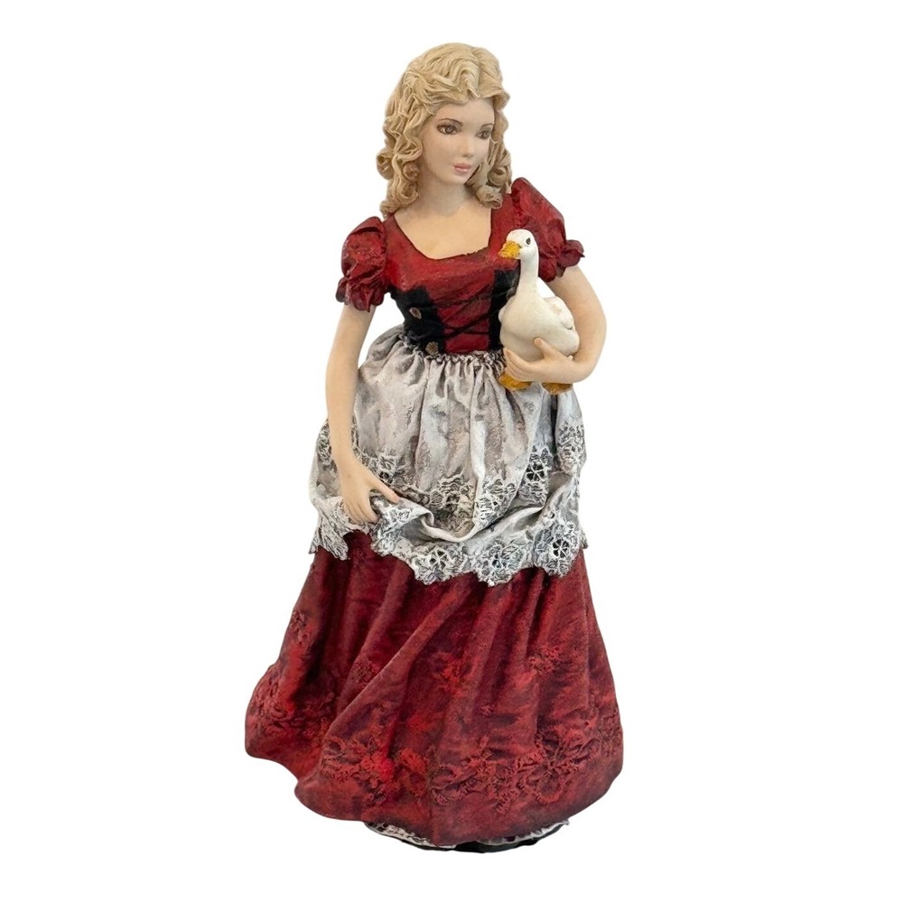 Woman with Goose Figurine Mary Signed Statuette Red Silver Folk Art 10.5in